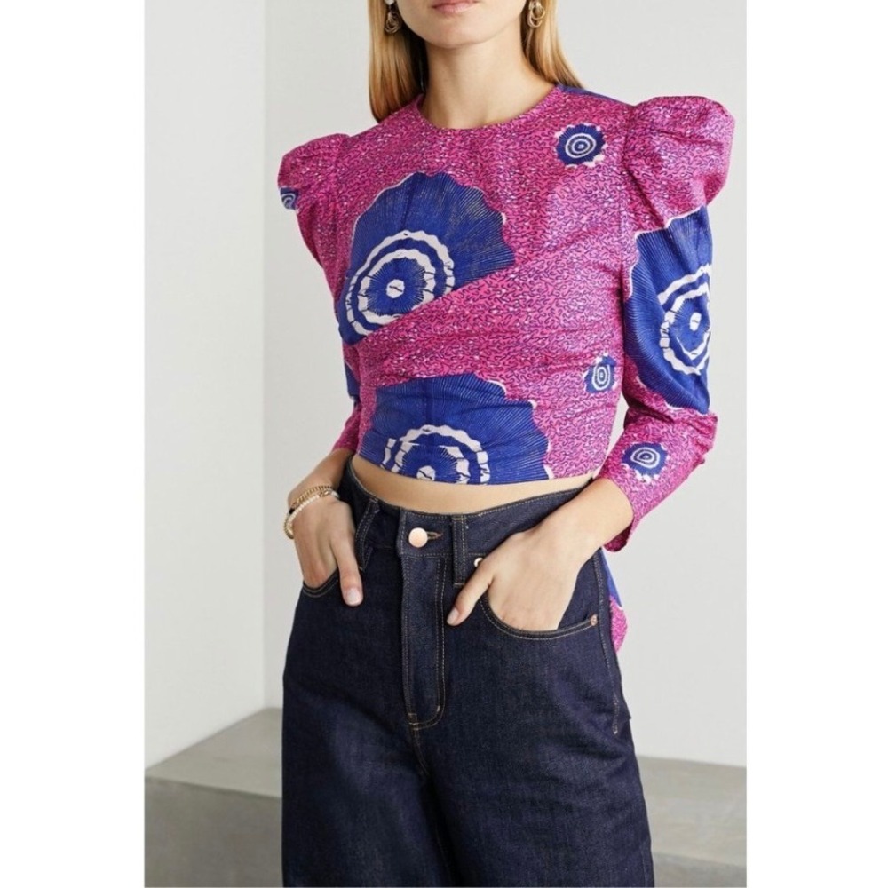 Ulla Johnson Eden Open Back Cotton Poplin Blouse Pink Purple Floral Size 4